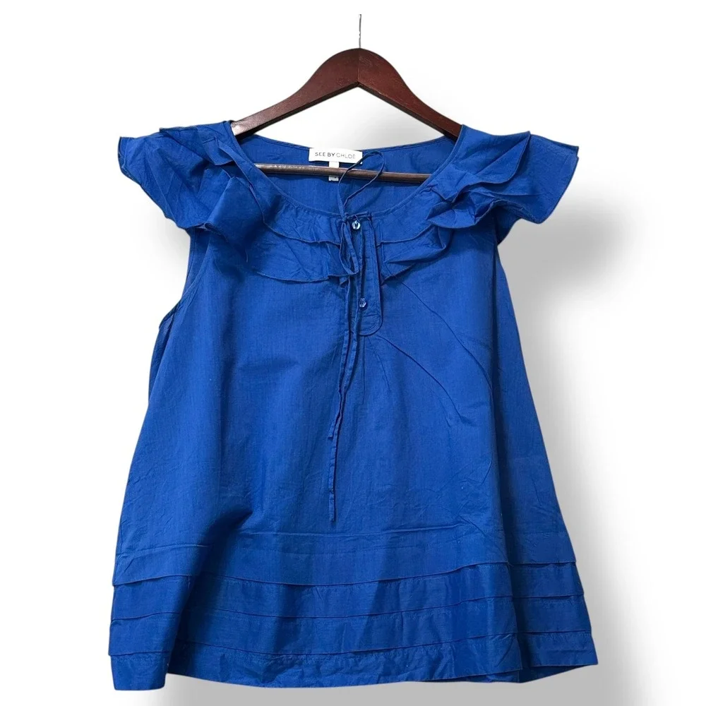See by Chloe Womens Blue Ruffle Tie Neck 100% Cotton Top 8 Boho Parisian Resort - Picture 2 of 8